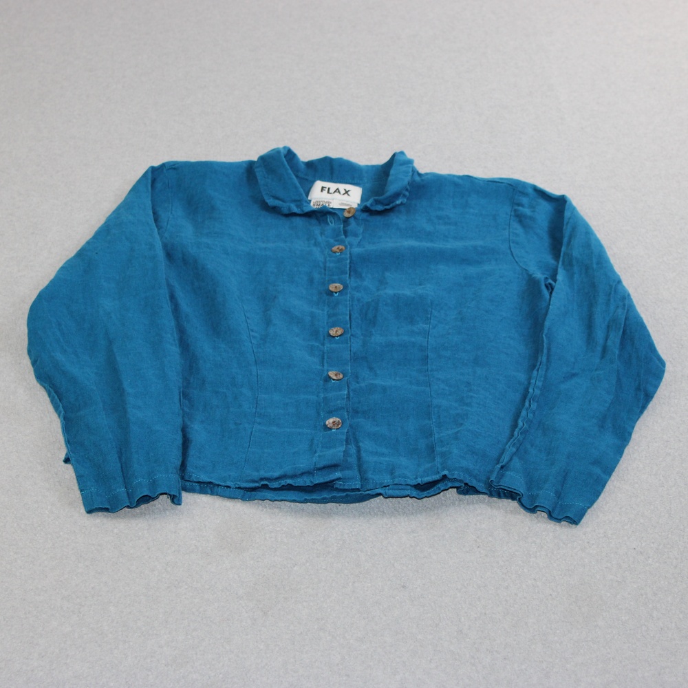 FLAX Linen Shirt Women Small Blue Button Collared Cropped Lightweight Lagenlook